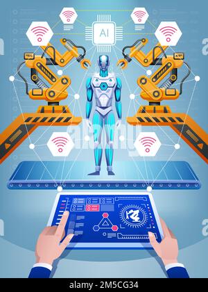 Technologisch futuristische Industrieschablone mit automatischem Roboterarm-Zusammenbau Cyborg. Vektordarstellung Stock Vektor