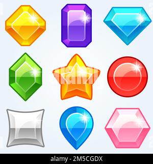 Edelsteine. Steine in Cartoon-Farben mit unterschiedlichen Formen für das Spiel. Vektor Stock Vektor