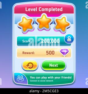 Spieldesign für die Benutzeroberfläche. Ausgefüllter Bildschirm mit Sternen und Schaltflächen ausgleichen. Vector eps 10. Stock Vektor