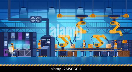 Effiziente, intelligente Fabrik mit Arbeitern, Robotern und Montagelinie, Industrie 4,0 und Technologiekonzept Vektordarstellung Stock Vektor