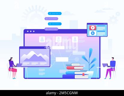 Modernes Bildungs- und virtuelles Lernkonzept. Schüler mit Laptops, die hinter einem interaktiven Brett mit Daten sitzen. Digital, mobil, E-Learning, umgedreht Stock Vektor