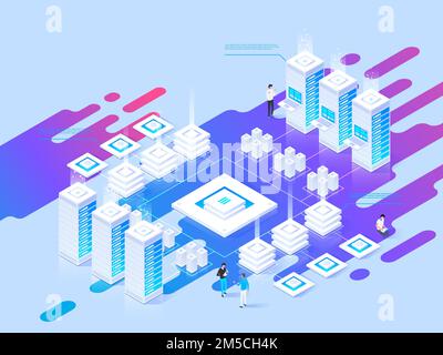 Isometrische Vektordarstellung des Rechenzentrums. Abstrakter 3d-Hosting-Server oder Rechenzentrumsraum im Hintergrund. Website zur Netzwerk- oder Mainframe-Infrastruktur heade Stock Vektor