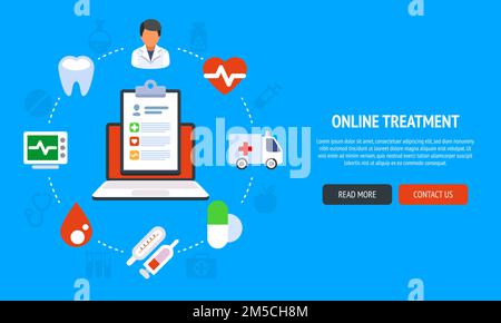 Flatline Design Website-Banner der medizinischen Online-Dienste. Moderne Vektordarstellung für Webdesign, Marketing und Druckmaterial. Stock Vektor