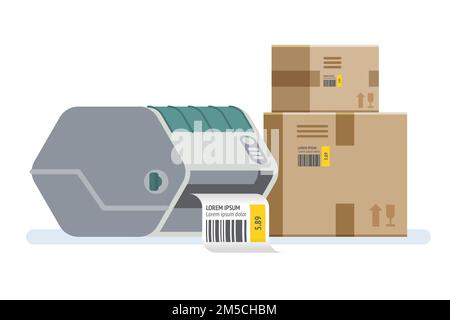 Etikettendrucker mit Kartons. Verpackungskartons, die mit einem Barcode gekennzeichnet sind. Abbildung des Vektorsymbols Stock Vektor