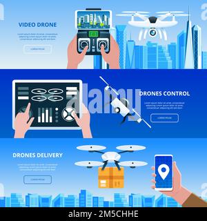 Drohnen mit Box und Fernbedienung fliegen mit Tablet über die Hände der Stadt flaches Designelement Vektordarstellung Stock Vektor