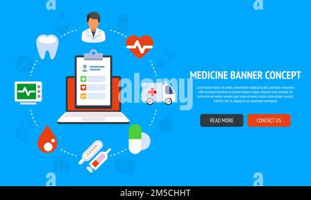 Flachfarbbanner Designkonzept für Medizin und Gesundheitswesen und Online-Behandlung.Vektordarstellung Stock Vektor