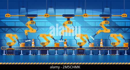 Effiziente, intelligente Fabrik mit Arbeitern, Robotern und Montagelinie, Industrie 4,0 und Technologiekonzept Vektordarstellung Stock Vektor