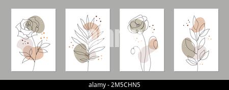 Ein Poster-Set mit Blumenmotiv. Einzeiliges, durchgehendes Blatt, minimaler Design-Hintergrund mit Blüten. Botanische abstrakte Kunst für Druck, Tapete. Vektordarstellung Stock Vektor