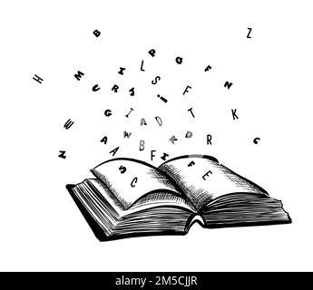 Buch mit fliegenden Briefen, Designelement der Bildungsvorlage, Vektorabbildung Stock Vektor
