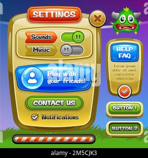 Spiel-UI. Fenster „Einstellungen“. Ein lustiges Comic-Design ui-Spieloptionen-Bedienfeld mit Status- und Level-Leisten. Vector eps 10. Stock Vektor