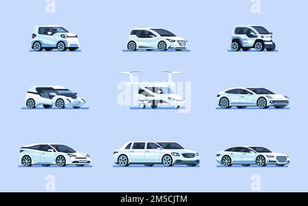 Set selbstfahrender Autos. Fahrerloses Fahrzeug. Vektordarstellung Stock Vektor