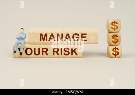 Geschäftskonzept. Würfel mit dem Symbol des Dollars, auf den Blöcken mit der Aufschrift „Manage Your Risk“, sind eine Figur eines Unternehmens Stockfoto