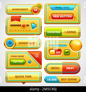 Elemente der Benutzeroberfläche des Spiels Schaltflächen, Fortschrittsleiste, Symbole und Felder für das Spiel Stock Vektor