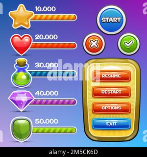 Elemente der Spieloberfläche. Symbole mit Fortschrittsbalken, Optionsbanner und Schaltflächen. Vector eps 10. Stock Vektor