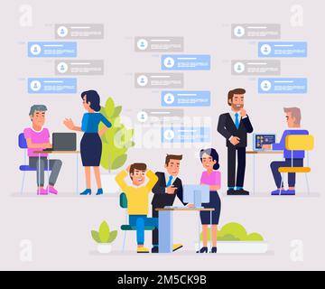 Online-Assistent bei der Arbeit. Zusammenarbeit im Unternehmen. Brainstorming. Werbung im Netzwerk. Manager bei der Remote-Arbeit. Nach neuen Ideen zu suchen Stock Vektor