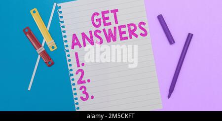 Schild mit Anzeige von „Get Answers“. Konzeptfoto, um eine Antwort oder etwas zu erhalten, wenn jemand eine Frage stellt Stockfoto