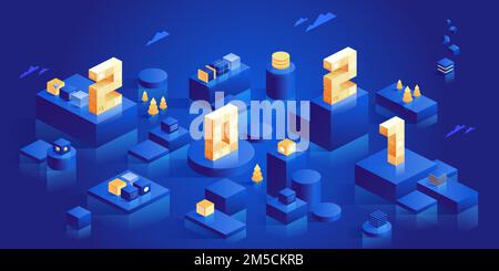 2021 Frohes neues Jahr. Neue innovative Ideen. Digitale Technologien. Isometrische Technologie für Neujahrsposter und -Banner. Vektordarstellung mit Stock Vektor