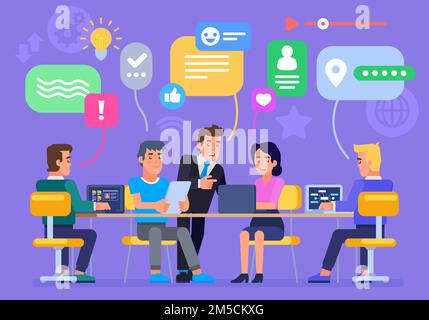 Geschäftsleute diskutieren über soziale Netzwerke, Nachrichten, soziale Netzwerke, Chat, dialog, Sprechblasen, Neue Projekte. Flache Vektordarstellung. Stock Vektor