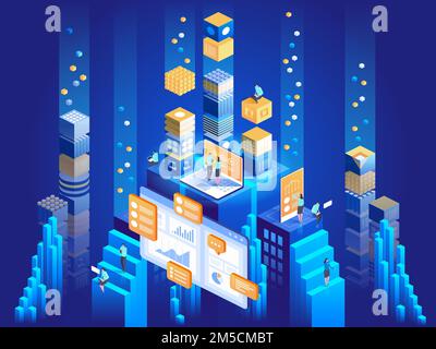 Technologiekonzept für digitales Marketing und App-Entwicklung. Personen, die mit Diagrammen interagieren und Statistiken analysieren. Datenvisualisierung. 3D isometrisch Stock Vektor