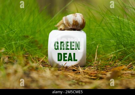 Ökologisches Konzept. Auf dem grünen Gras befindet sich ein weißer Würfel mit einer Schnecke, auf dem Würfel befindet sich eine Inschrift - Green Deal Stockfoto