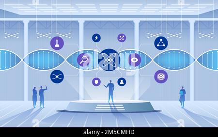 Wissenschaftslabor. Wissenschaftler, Mann und Frau, die in einem Labor forschen. DNA-Moleküle. Vektordarstellung Stock Vektor
