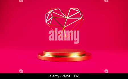 Goldenes Podium zum Valentinstag 3D mit goldenem Metallherz auf rotem Hintergrund. Stockfoto