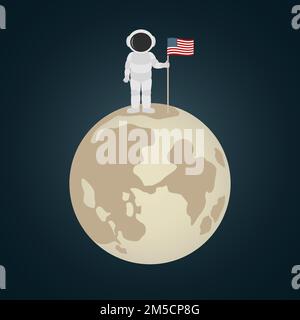 Der amerikanische Astronaut steht auf dem Mond und hält die Flagge der USA. Cartoon-Style. Vektordarstellung. Stock Vektor