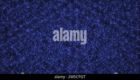 Ein abstrakter Hintergrund vieler sich bewegender kleiner blauer Partikel und Linien. Chaotische Brownsche Partikelbewegung. 3D-Rendern. Stockfoto