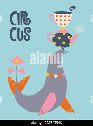 Poster für ein Café, in dem ein Zirkusrobbe Wasserkocher und Tasse balanciert Stock Vektor