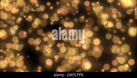 Flackernde und sich bewegende gelbe Lichter im Raum. Partikel aus Bokeh. 3D-Rendern. Stockfoto