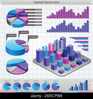 Statistiksymbole mit Diagrammen, Beschriftungen und anderen Grafikelementen Stock Vektor