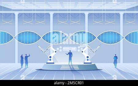Wissenschaftslabor. Wissenschaftler, Mann und Frau, die in einem Labor forschen. DNA-Moleküle. Vektordarstellung Stock Vektor