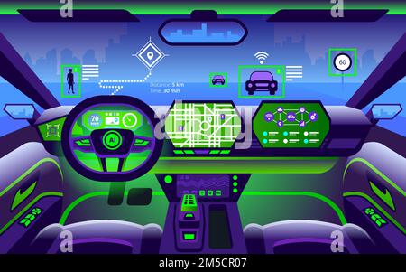 Autonomer Smart-Car-Innenraum. Selbstfahrend in Stadtlandschaft. Auf dem Display werden Informationen zum fahrenden Fahrzeug, GPS, Fahrzeit und Scanentfernung angezeigt Stock Vektor