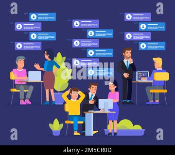 Online-Assistent bei der Arbeit. Zusammenarbeit im Unternehmen. Brainstorming. Werbung im Netzwerk. Manager bei der Remote-Arbeit. Nach neuen Ideen zu suchen Stock Vektor