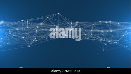 Abstrakter flüchtiger Mikrokosmos. Bewegliche Atome in Form weißer Punkte und struktureller Bindungen zwischen ihnen in Form von Linien auf blauem Hintergrund. 3D RE Stockfoto