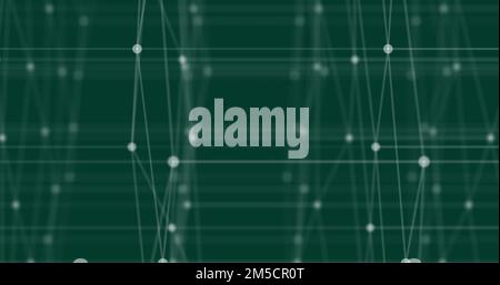 Abstrakter flüchtiger Mikrokosmos. Bewegliche Atome in Form weißer Punkte und struktureller Bindungen zwischen ihnen in Form von Linien auf grünem Hintergrund. 3D r Stockfoto