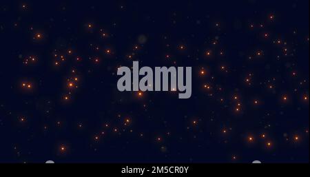 Sich im Raum bewegen leuchtende und funkelnde orangefarbene Partikel auf blauem Hintergrund. Ein abstrakter Sternenhaufen, tief im All. Bokeh. 3D-Rendern. Stockfoto