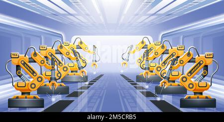 Intelligente Industrie 4,0. Moderne, intelligente Fabrik mit Förderern und Roboterarmen. Darstellung des Vektorkonzepts Stock Vektor