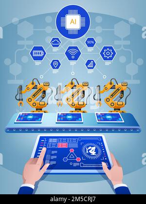 Ingenieur mit Tablet, schwere Automationsroboterarmmaschine in einer intelligenten Fabrik. 4. iot-Konzept der Branche für künstliche Intelligenz. Vektordarstellung Stock Vektor