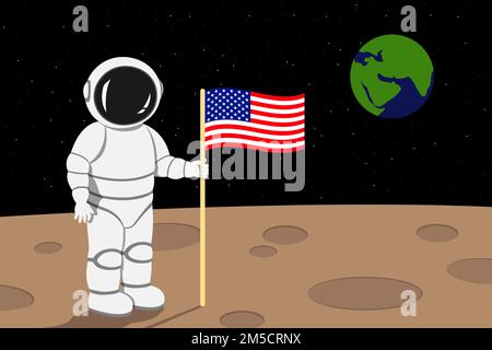 Der amerikanische Astronaut steht auf der Mondoberfläche und hält die Flagge der USA. Vektordarstellung. Stock Vektor