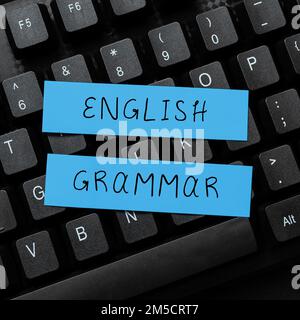 Inspiration mit Zeichen für englische Grammatik. Die Kurse zum Thema Internetkonzepte decken alle Ebenen der englischen Sprache und des Schreibens ab Stockfoto