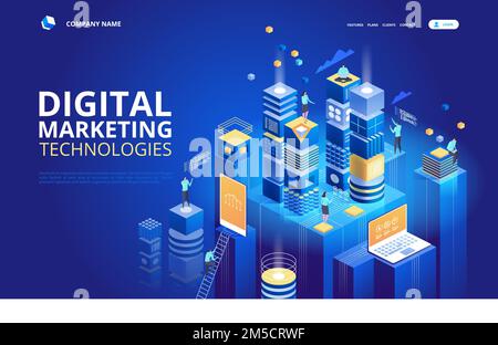 Isometrisches Team von Spezialisten, die an der Landing-Page für digitale Marketingstrategien arbeiten. Digitales Marketing, digitales Technologiekonzept. Blauvioletter Backgro Stock Vektor