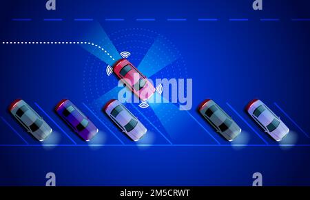 Smart Auto ist auf dem Parkplatz, die Aussicht von oben automatisch geparkt. Parking Assist System Security scannt die Straße. Vektor-Illustration. Stock Vektor