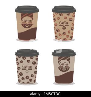 Sammlung kleiner brauner Kaffeetassen zum Mitnehmen aus Flachpapier mit Kaffeebohnen Stock Vektor