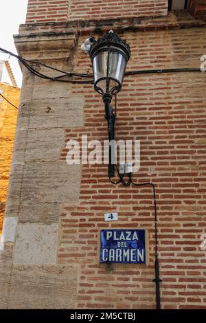 Plaza del Carmen Schild im alten Viertel Barrio del Carmen in Valencia, Spanien. Stockfoto