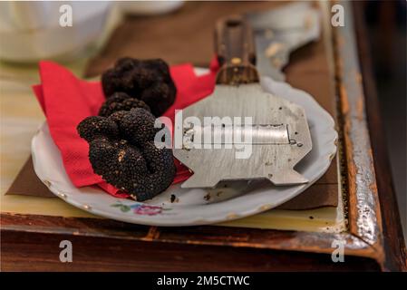 Ganze frische schwarze Trüffel, die am Tisch für eine dekadente Nudelsauce in einem italienischen Restaurant in Centro Storico, Florenz, Italien rasiert werden Stockfoto