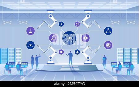 Wissenschaftslabor. Wissenschaftler, Mann und Frau, die in einem Labor forschen. DNA-Moleküle. Vektordarstellung Stock Vektor