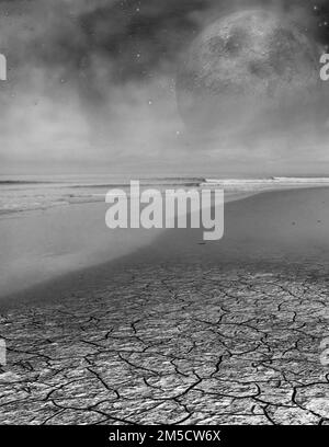 Wo Ozean und Wüste aufeinander treffen. Mystischer Riesenplanet am Himmel. 3D Rendern Stockfoto