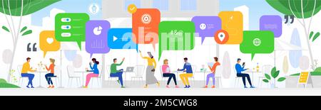 Social-Media-Konzept. Kommunikation in den globalen Computernetzen. Online-Assistent bei der Arbeit. Werbung im Netzwerk. Menschen, die in diesem Bereich zusammenarbeiten Stock Vektor
