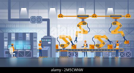Intelligente Fabrik. Industrie 4,0 und Technologiekonzept. Förderband für die Produktion mit einheitlichem Personal im Werk. Vektordarstellung Stock Vektor